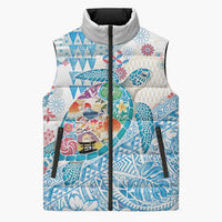 Hawaiian and Japanese Culture Together Sleeveless Puffer Jacket Tropical Honu with Japanese Elements Blue Color