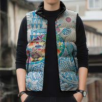 Hawaiian and Japanese Culture Together Sleeveless Puffer Jacket Tropical Honu with Japanese Elements Blue Color