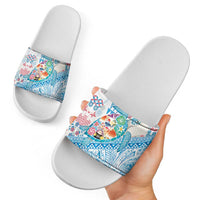 Hawaiian and Japanese Culture Together Slide Sandals Tropical Honu with Japanese Elements Blue Color