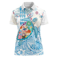 Hawaiian and Japanese Culture Together Women Polo Shirt Tropical Honu with Japanese Elements Blue Color