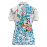Hawaiian and Japanese Culture Together Women Polo Shirt Tropical Honu with Japanese Elements Blue Color