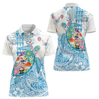 Hawaiian and Japanese Culture Together Women Polo Shirt Tropical Honu with Japanese Elements Blue Color