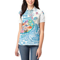 Hawaiian and Japanese Culture Together Women Polo Shirt Tropical Honu with Japanese Elements Blue Color