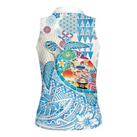 Hawaiian and Japanese Culture Together Women Sleeveless Polo Shirt Tropical Honu with Japanese Elements Blue Color