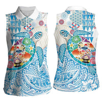 Hawaiian and Japanese Culture Together Women Sleeveless Polo Shirt Tropical Honu with Japanese Elements Blue Color
