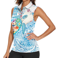 Hawaiian and Japanese Culture Together Women Sleeveless Polo Shirt Tropical Honu with Japanese Elements Blue Color