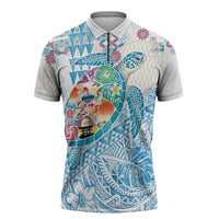 Hawaiian and Japanese Culture Together Zipper Polo Shirt Tropical Honu with Japanese Elements Blue Color