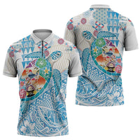 Hawaiian and Japanese Culture Together Zipper Polo Shirt Tropical Honu with Japanese Elements Blue Color