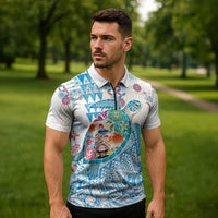Hawaiian and Japanese Culture Together Zipper Polo Shirt Tropical Honu with Japanese Elements Blue Color
