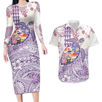 Hawaiian and Japanese Culture Together Couples Matching Long Sleeve Bodycon Dress and Hawaiian Shirt Tropical Honu with Japanese Elements Purple Color