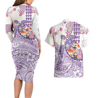 Hawaiian and Japanese Culture Together Couples Matching Long Sleeve Bodycon Dress and Hawaiian Shirt Tropical Honu with Japanese Elements Purple Color