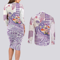 Hawaiian and Japanese Culture Together Couples Matching Long Sleeve Bodycon Dress and Long Sleeve Button Shirt Tropical Honu with Japanese Elements Purple Color