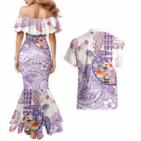 Hawaiian and Japanese Culture Together Couples Matching Mermaid Dress and Hawaiian Shirt Tropical Honu with Japanese Elements Purple Color