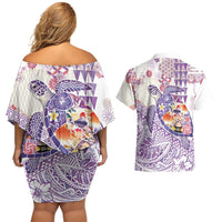 Hawaiian and Japanese Culture Together Couples Matching Off Shoulder Short Dress and Hawaiian Shirt Tropical Honu with Japanese Elements Purple Color