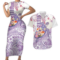 Hawaiian and Japanese Culture Together Couples Matching Short Sleeve Bodycon Dress and Hawaiian Shirt Tropical Honu with Japanese Elements Purple Color