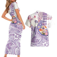 Hawaiian and Japanese Culture Together Couples Matching Short Sleeve Bodycon Dress and Hawaiian Shirt Tropical Honu with Japanese Elements Purple Color