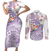 Hawaiian and Japanese Culture Together Couples Matching Short Sleeve Bodycon Dress and Long Sleeve Button Shirt Tropical Honu with Japanese Elements Purple Color