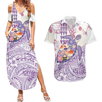 Hawaiian and Japanese Culture Together Couples Matching Summer Maxi Dress and Hawaiian Shirt Tropical Honu with Japanese Elements Purple Color