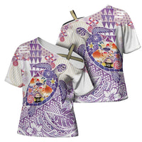 Hawaiian and Japanese Culture Together Cross Shoulder Shirt Tropical Honu with Japanese Elements Purple Color