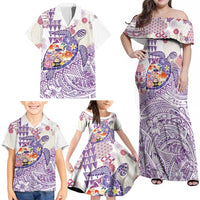 Hawaiian and Japanese Culture Together Family Matching Off Shoulder Maxi Dress and Hawaiian Shirt Tropical Honu with Japanese Elements Purple Color