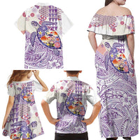 Hawaiian and Japanese Culture Together Family Matching Off Shoulder Maxi Dress and Hawaiian Shirt Tropical Honu with Japanese Elements Purple Color
