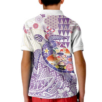 Hawaiian and Japanese Culture Together Kid Polo Shirt Tropical Honu with Japanese Elements Purple Color