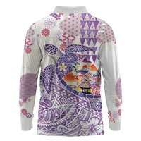 Hawaiian and Japanese Culture Together Long Sleeve Polo Shirt Tropical Honu with Japanese Elements Purple Color