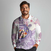 Hawaiian and Japanese Culture Together Long Sleeve Polo Shirt Tropical Honu with Japanese Elements Purple Color