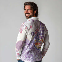 Hawaiian and Japanese Culture Together Long Sleeve Polo Shirt Tropical Honu with Japanese Elements Purple Color