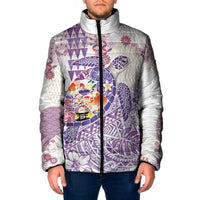 Hawaiian and Japanese Culture Together Padded Jacket Tropical Honu with Japanese Elements Purple Color