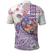 Hawaiian and Japanese Culture Together Polo Shirt Tropical Honu with Japanese Elements Purple Color