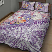 Hawaiian and Japanese Culture Together Quilt Bed Set Tropical Honu with Japanese Elements Purple Color