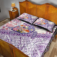 Hawaiian and Japanese Culture Together Quilt Bed Set Tropical Honu with Japanese Elements Purple Color