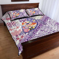 Hawaiian and Japanese Culture Together Quilt Bed Set Tropical Honu with Japanese Elements Purple Color