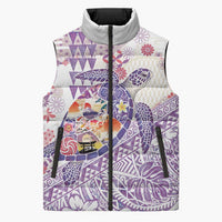 Hawaiian and Japanese Culture Together Sleeveless Puffer Jacket Tropical Honu with Japanese Elements Purple Color