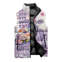 Hawaiian and Japanese Culture Together Sleeveless Puffer Jacket Tropical Honu with Japanese Elements Purple Color