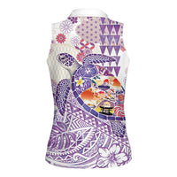 Hawaiian and Japanese Culture Together Women Sleeveless Polo Shirt Tropical Honu with Japanese Elements Purple Color