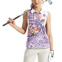 Hawaiian and Japanese Culture Together Women Sleeveless Polo Shirt Tropical Honu with Japanese Elements Purple Color