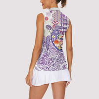 Hawaiian and Japanese Culture Together Women Sleeveless Polo Shirt Tropical Honu with Japanese Elements Purple Color