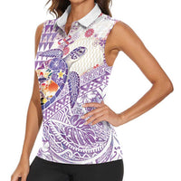 Hawaiian and Japanese Culture Together Women Sleeveless Polo Shirt Tropical Honu with Japanese Elements Purple Color