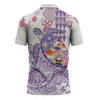 Hawaiian and Japanese Culture Together Zipper Polo Shirt Tropical Honu with Japanese Elements Purple Color