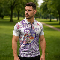 Hawaiian and Japanese Culture Together Zipper Polo Shirt Tropical Honu with Japanese Elements Purple Color