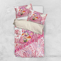 Hawaiian and Japanese Culture Together Bedding Set Tropical Honu with Japanese Elements Pink Color