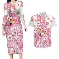 Hawaiian and Japanese Culture Together Couples Matching Long Sleeve Bodycon Dress and Hawaiian Shirt Tropical Honu with Japanese Elements Pink Color