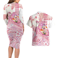 Hawaiian and Japanese Culture Together Couples Matching Long Sleeve Bodycon Dress and Hawaiian Shirt Tropical Honu with Japanese Elements Pink Color