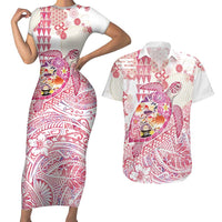Hawaiian and Japanese Culture Together Couples Matching Short Sleeve Bodycon Dress and Hawaiian Shirt Tropical Honu with Japanese Elements Pink Color