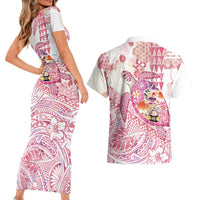 Hawaiian and Japanese Culture Together Couples Matching Short Sleeve Bodycon Dress and Hawaiian Shirt Tropical Honu with Japanese Elements Pink Color