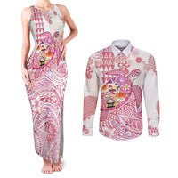 Hawaiian and Japanese Culture Together Couples Matching Tank Maxi Dress and Long Sleeve Button Shirt Tropical Honu with Japanese Elements Pink Color
