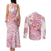 Hawaiian and Japanese Culture Together Couples Matching Tank Maxi Dress and Long Sleeve Button Shirt Tropical Honu with Japanese Elements Pink Color