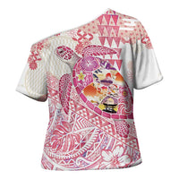 Hawaiian and Japanese Culture Together Cross Shoulder Shirt Tropical Honu with Japanese Elements Pink Color